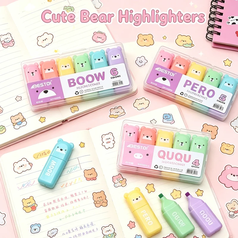 Kawaii Ayı Desenli Fosforlu Ka - Pastel Highlighter Set Double Ended incelemesi ve fiyatı